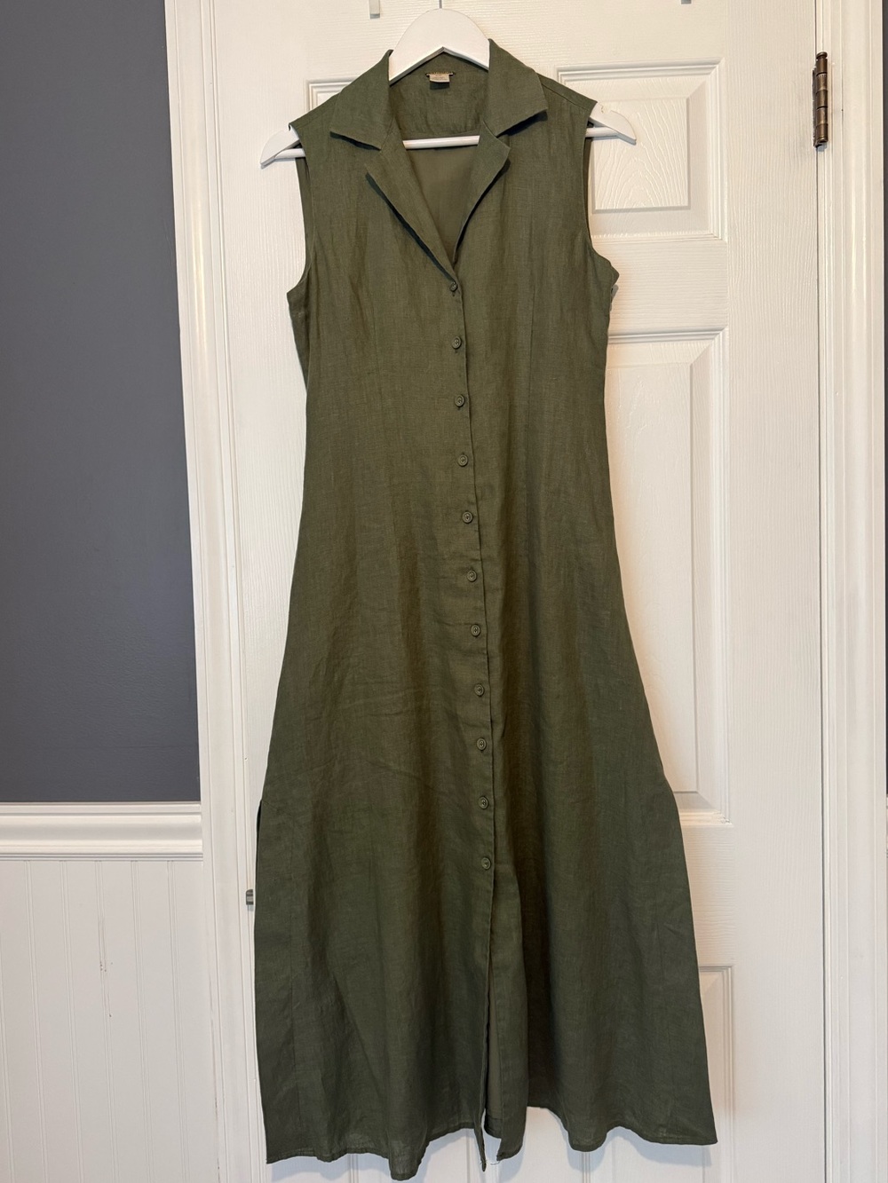 Magaschoni 100% Linen Olive Green Sleeveless Button-Front Midi Dress